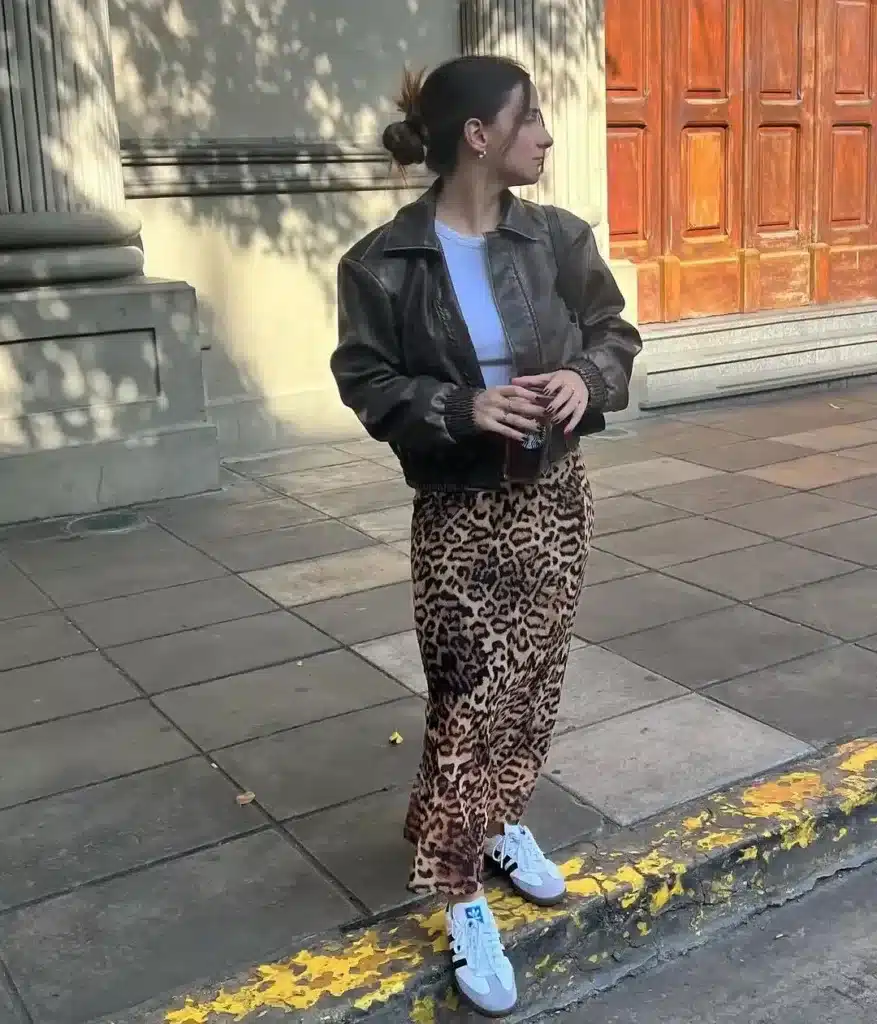Christmas Party Outfits With Adidas Samba: 15 Looks 5 Leopard Skirt With a Leather Jacket outfit