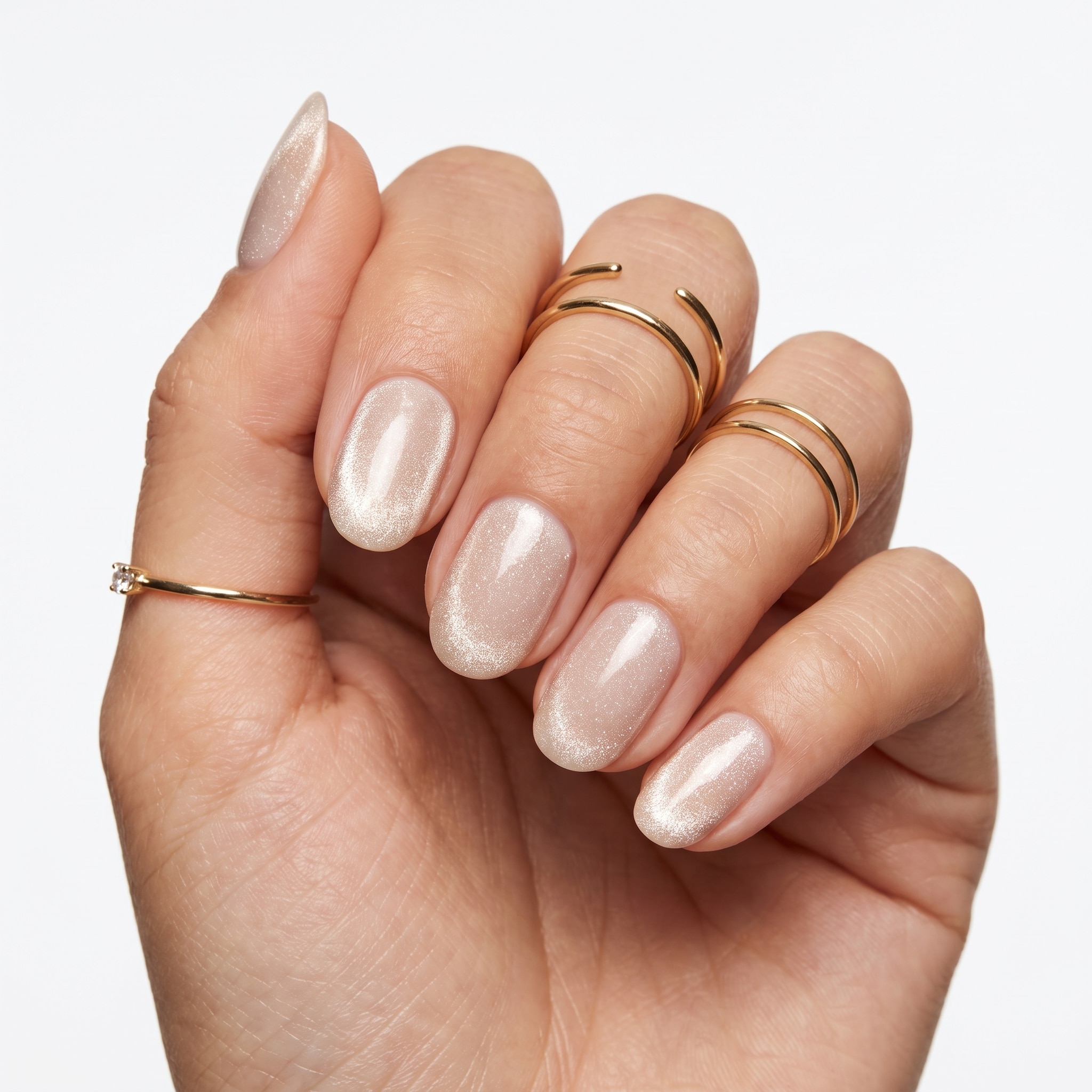 Milky almond natural nails with a soft white glossy finish