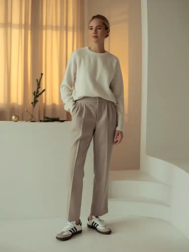 Christmas Party Outfits With Adidas Samba: 15 Looks 9 Cream Sweater With Beige Trousers outfit