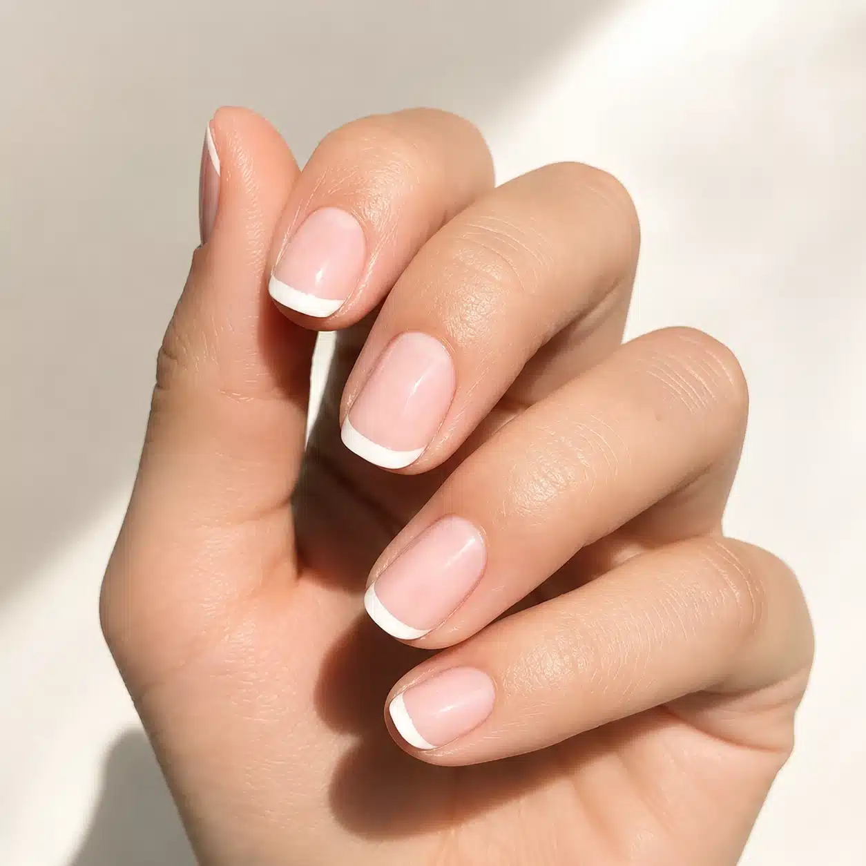 French Tip Nail Tips: Types, Sizing & Application Guide 10 Natural pink French tip nails with a slim white edge