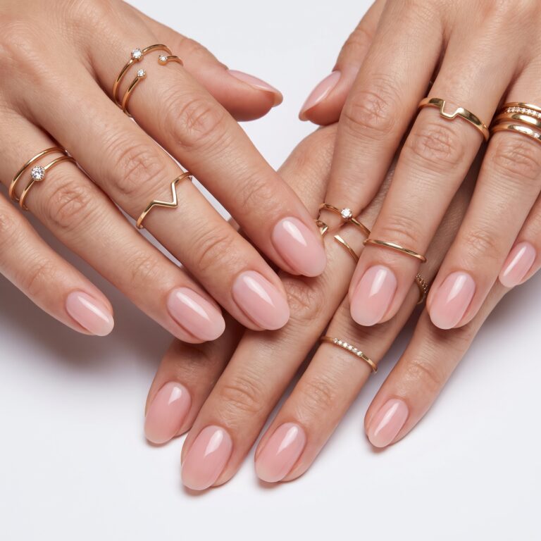 Natural Press On Nails with a glossy blush finish and realistic almond shape