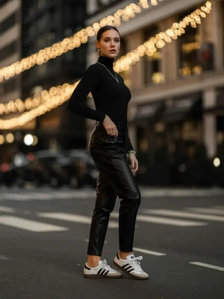 Christmas Party Outfits With Adidas Samba: 15 Looks 12 Black Leather Trousers and a Turtleneck outfit
