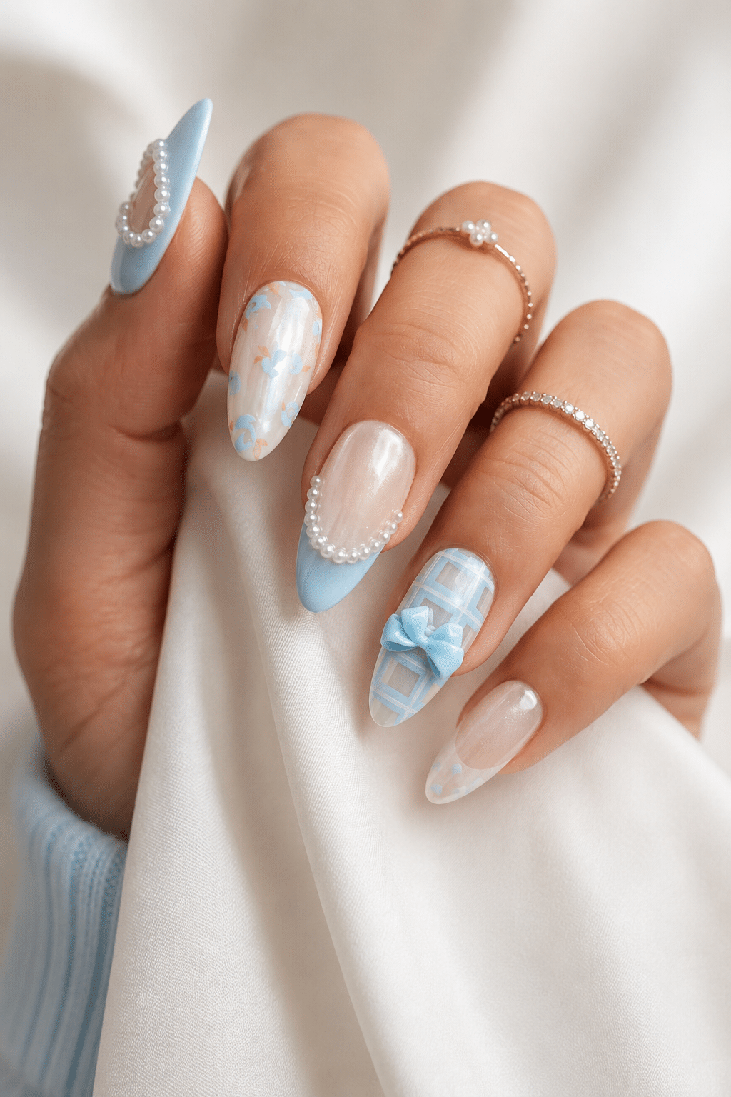 3D blue ribbon almond press on nails with glossy bow details