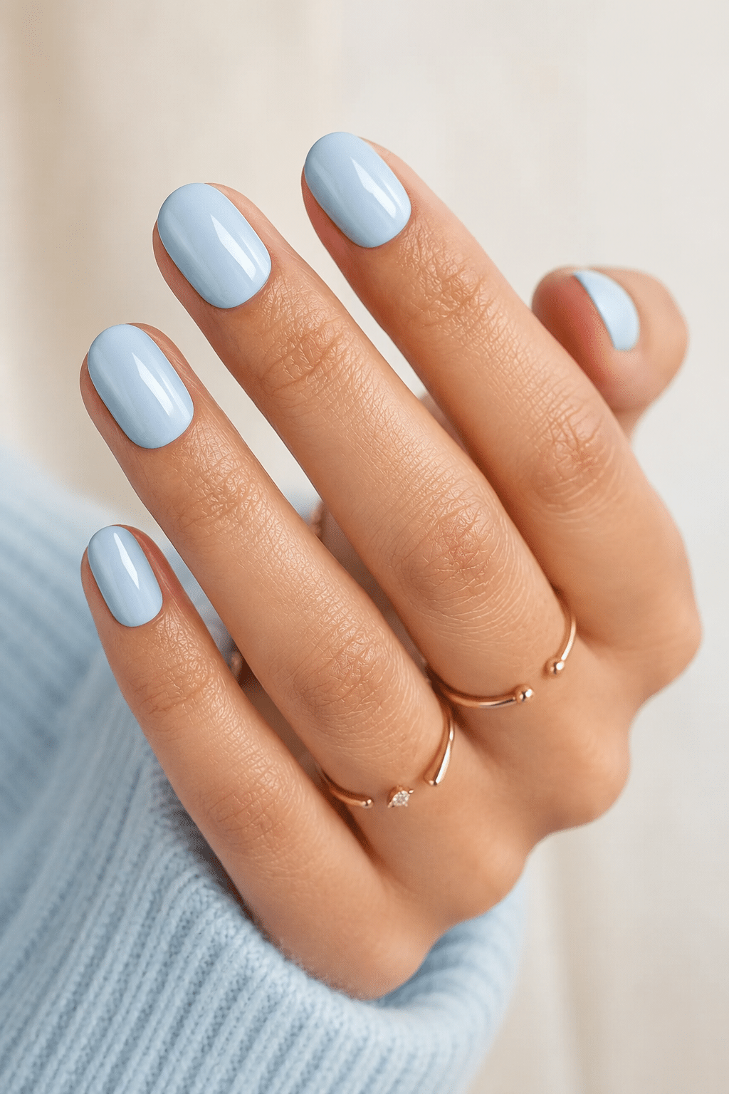 Baby blue short oval press ons with glossy clean manicure finish