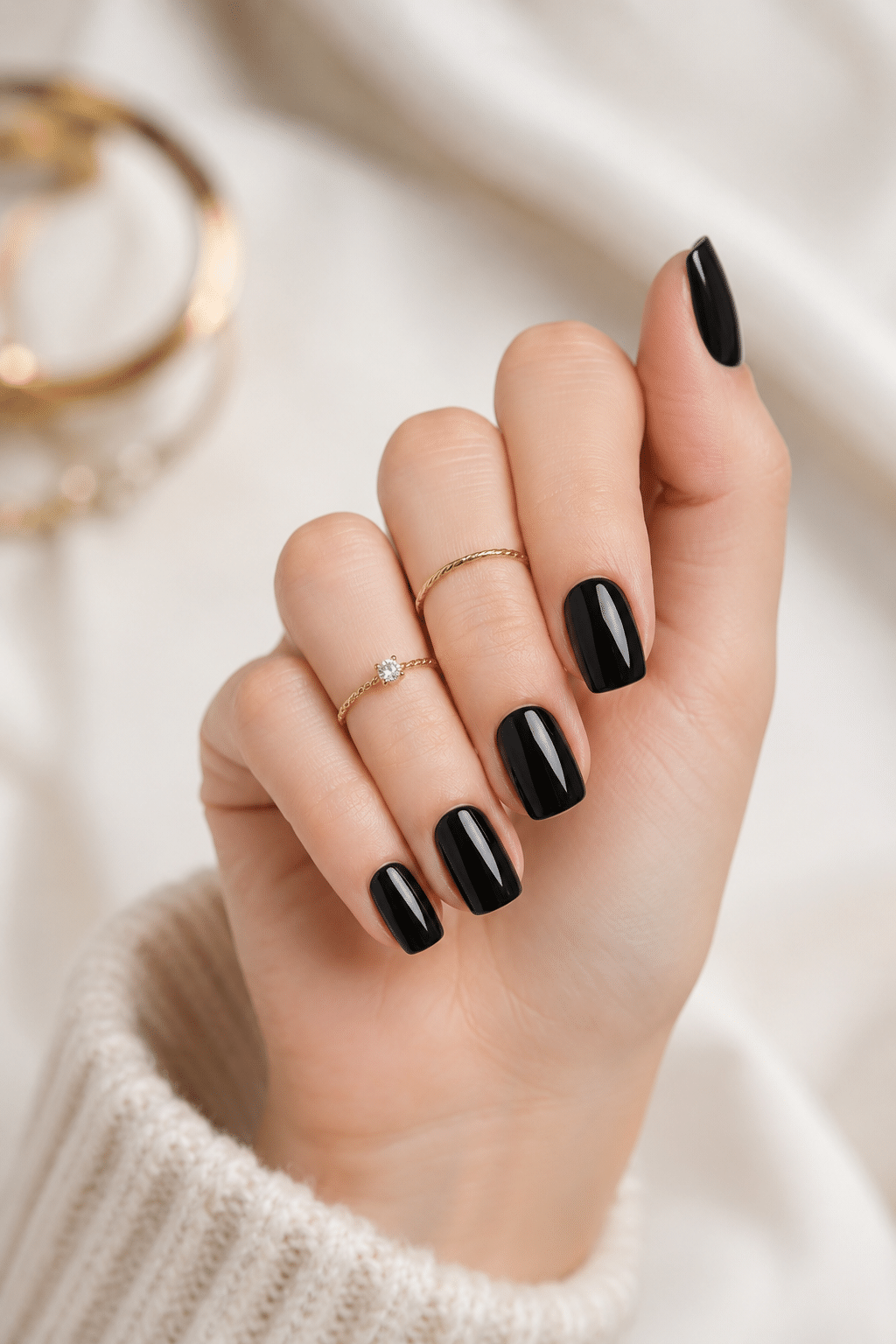 Black no glue press on nails with glossy short manicure finish
