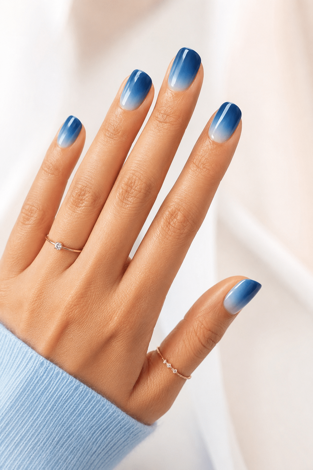 Blue French no glue press on nails with glossy modern tip design