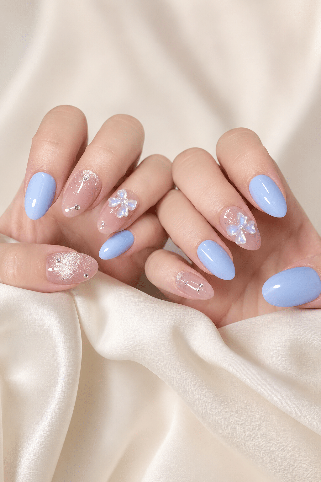 Blue gingham ribbon press on nails with soft bow and check details