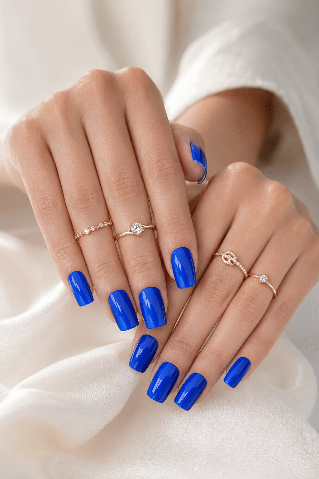 Blue square press on nails with a glossy bright manicure finish