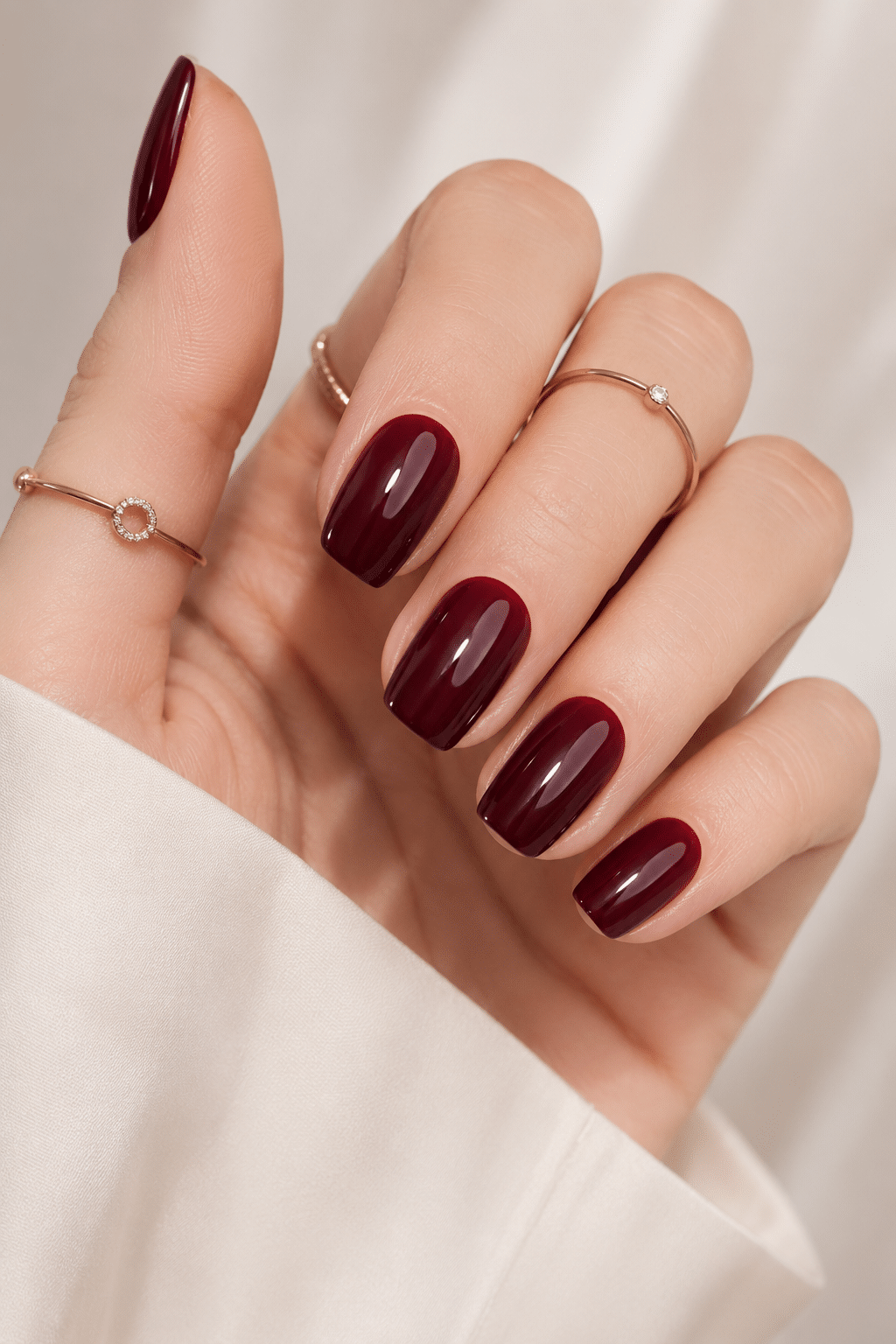 Burgundy square press on nails with a glossy dark red manicure finish