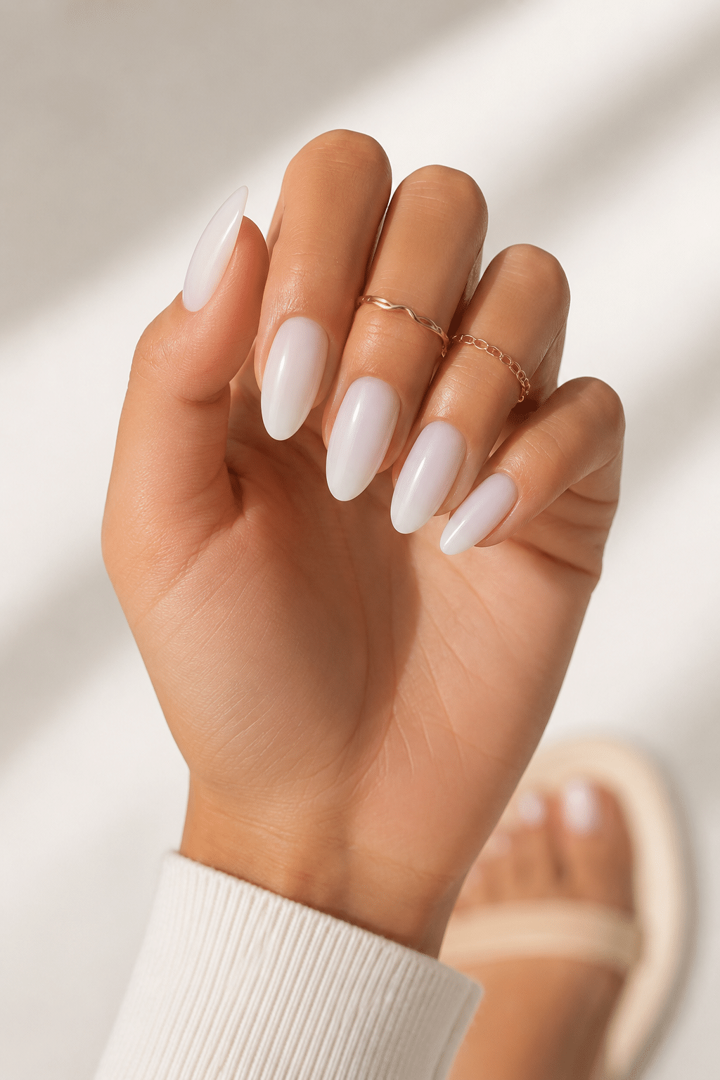 Sheer milk short almond press on nails with a clean glossy finish