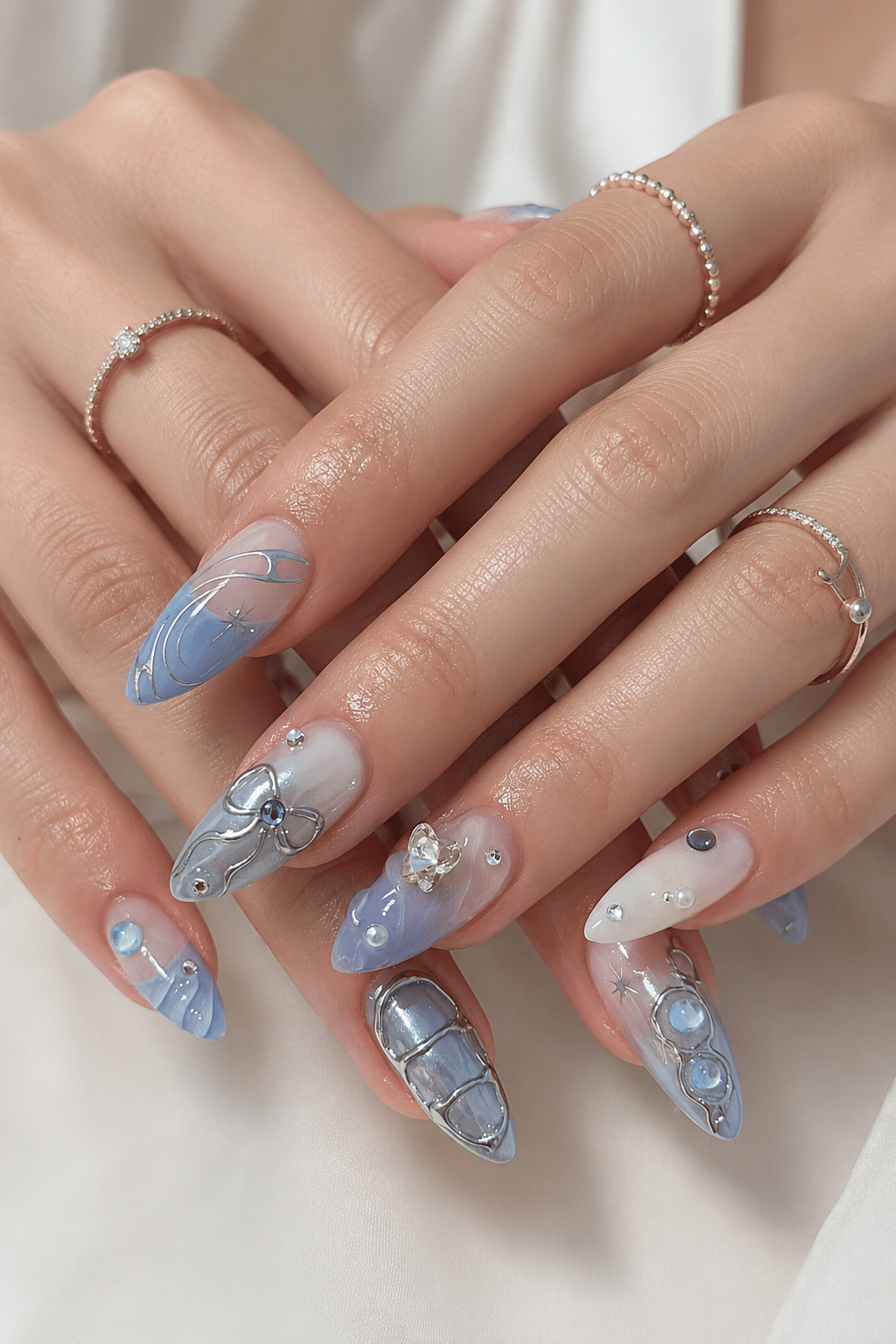 Coquette blue ribbon press on nails with soft bow accents