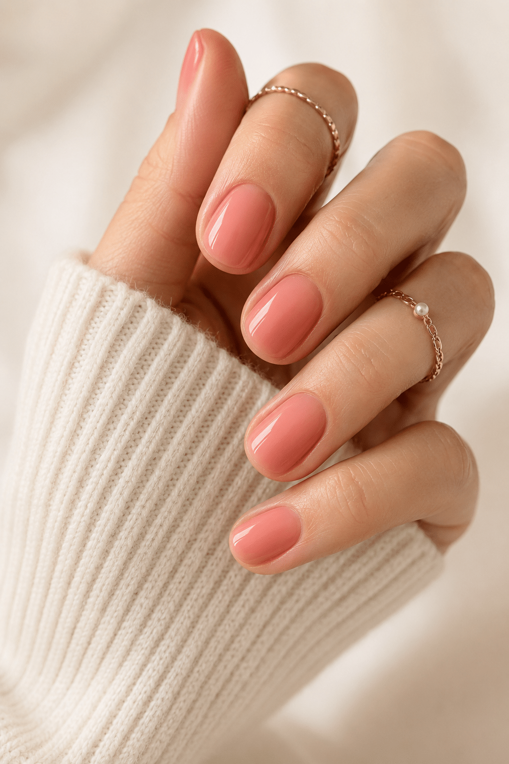 Coral rounded super short press on nails with a soft glossy finish