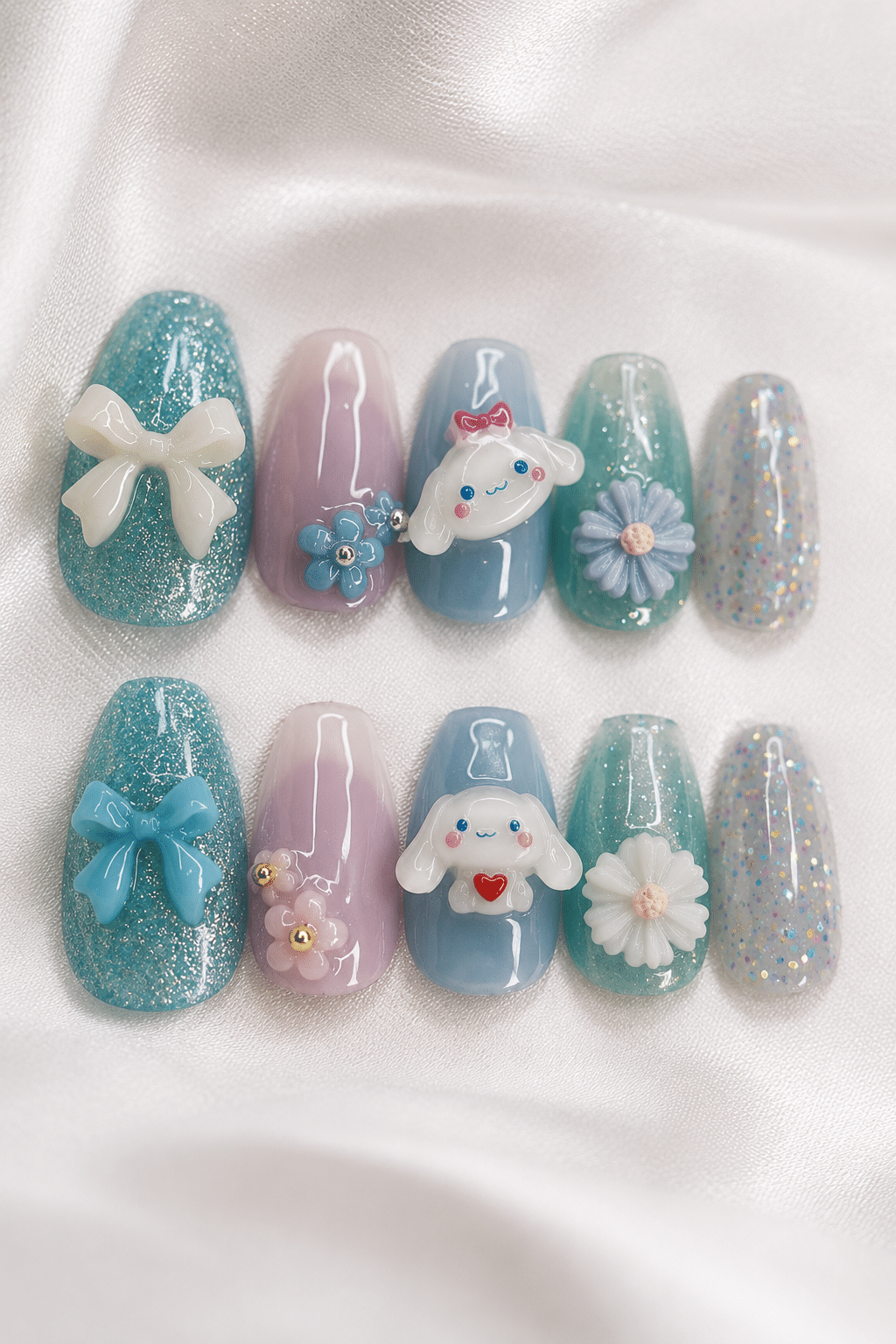 Cottagecore blue bow press on nail set with playful ribbon details