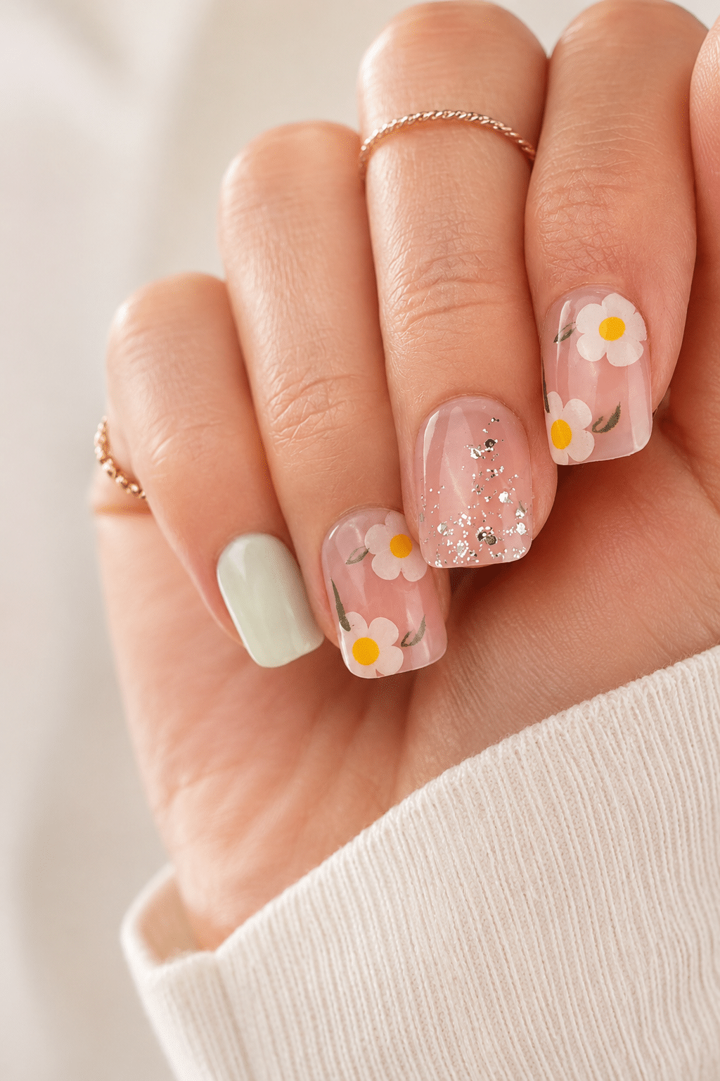 Dainty flower super short press on nails with soft floral accents