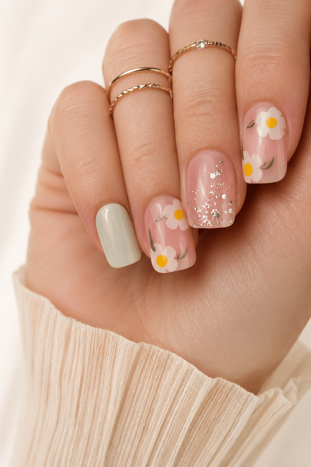 Floral short square press on nails with a glossy cute manicure design