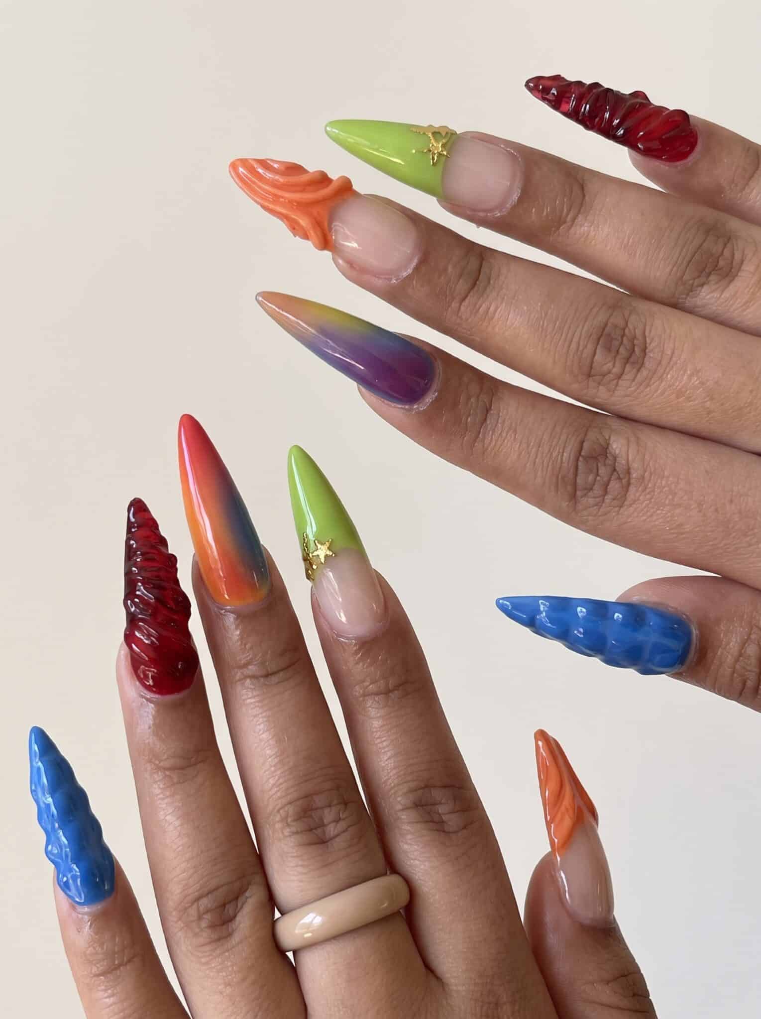 funky neon french tip nails with colorful summer almond tips