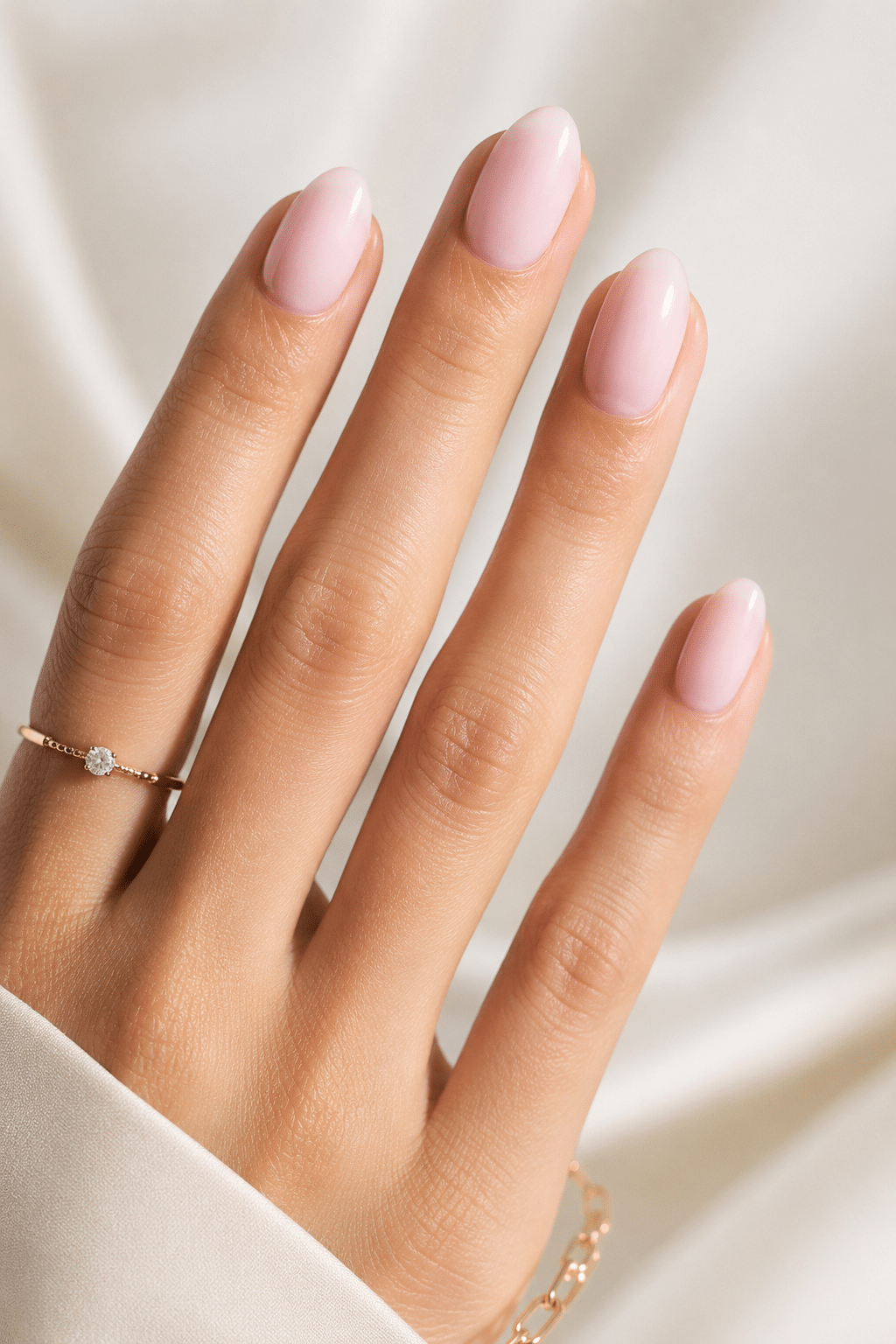 Glossy sheer milk almond press on nails with a soft white finish