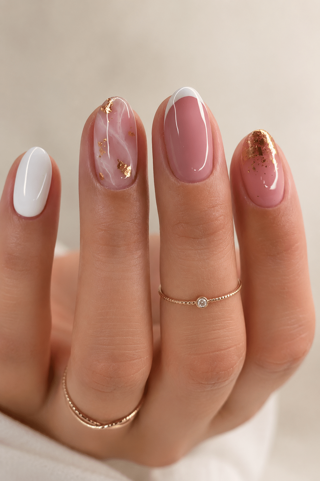 Gold accent oval nails with glossy nude manicure design
