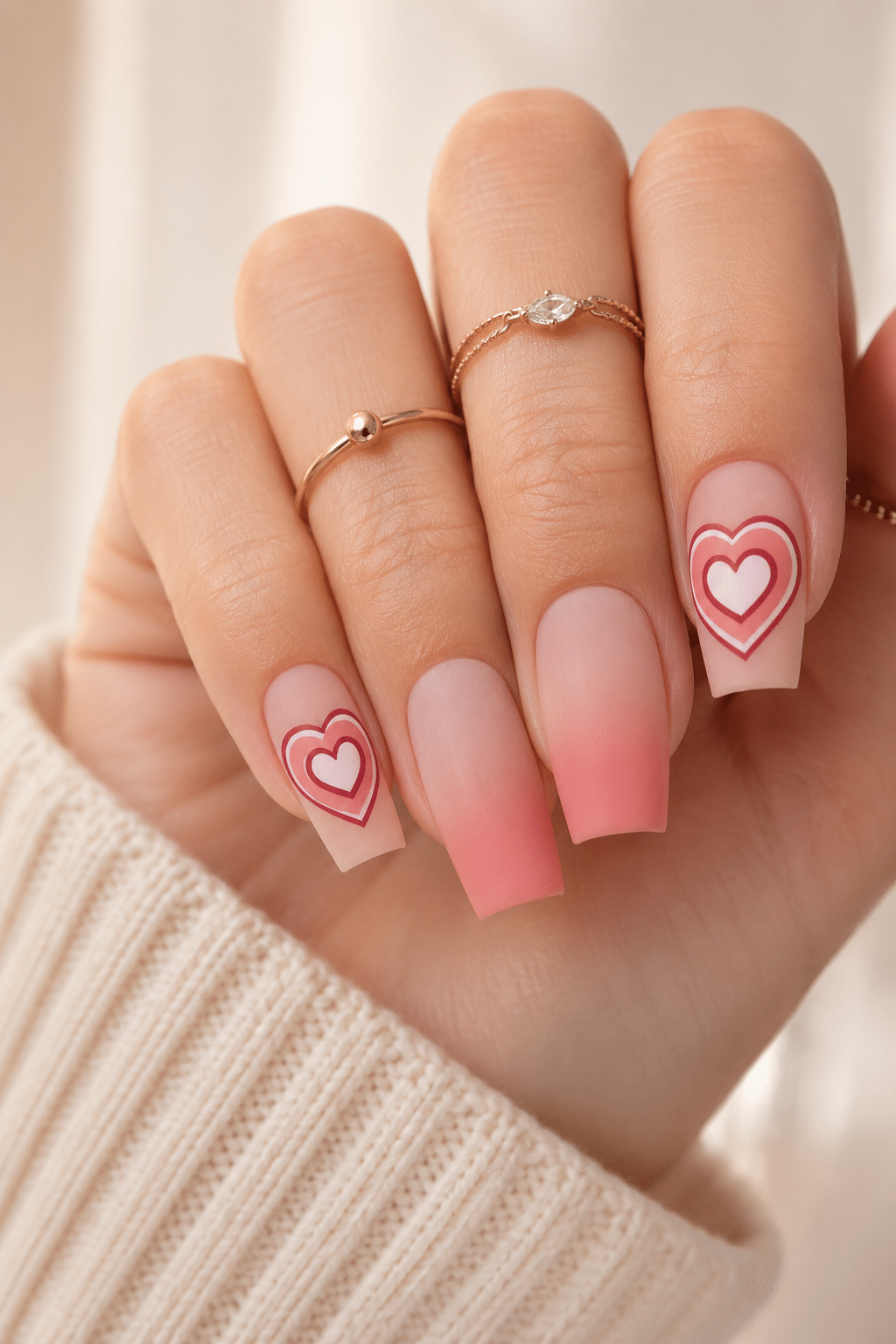 Heart accent square press ons with a soft pink glossy manicure finish