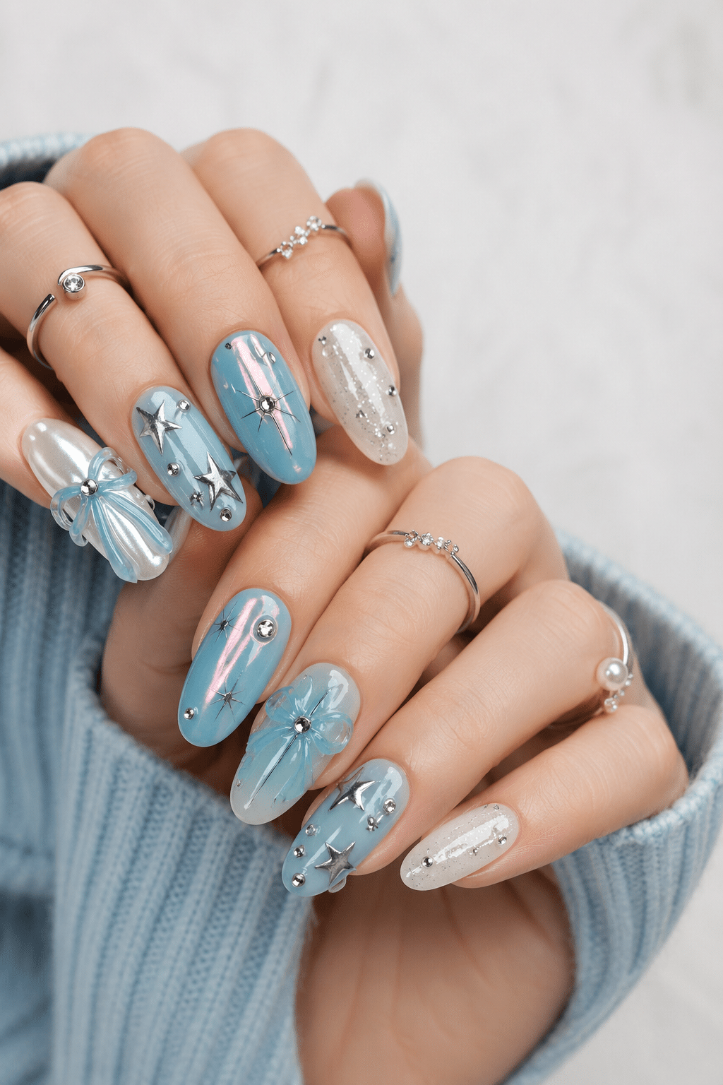 Icy blue rhinestone ribbon press on nails with sparkling accents