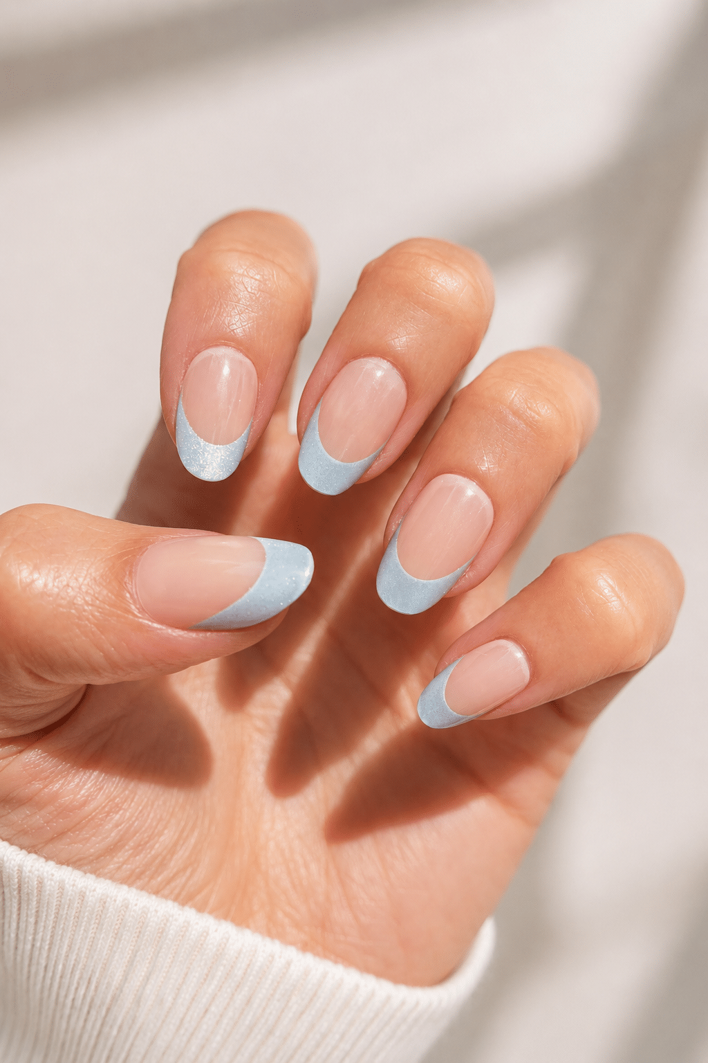 Iridescent blue ribbon press on nails with a soft reflective finish