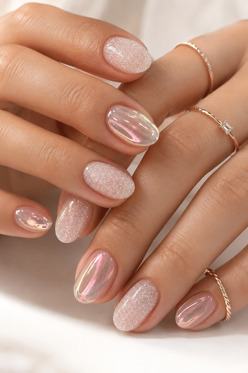 Natural glossy oval nails with soft nude manicure finish