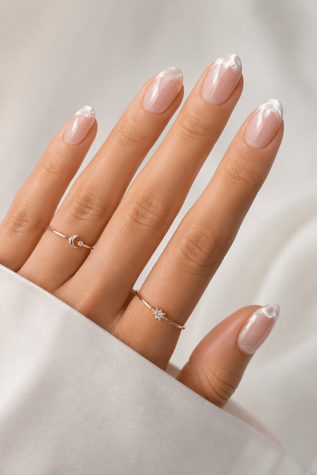 Natural wedding press on nails with soft glossy bridal manicure