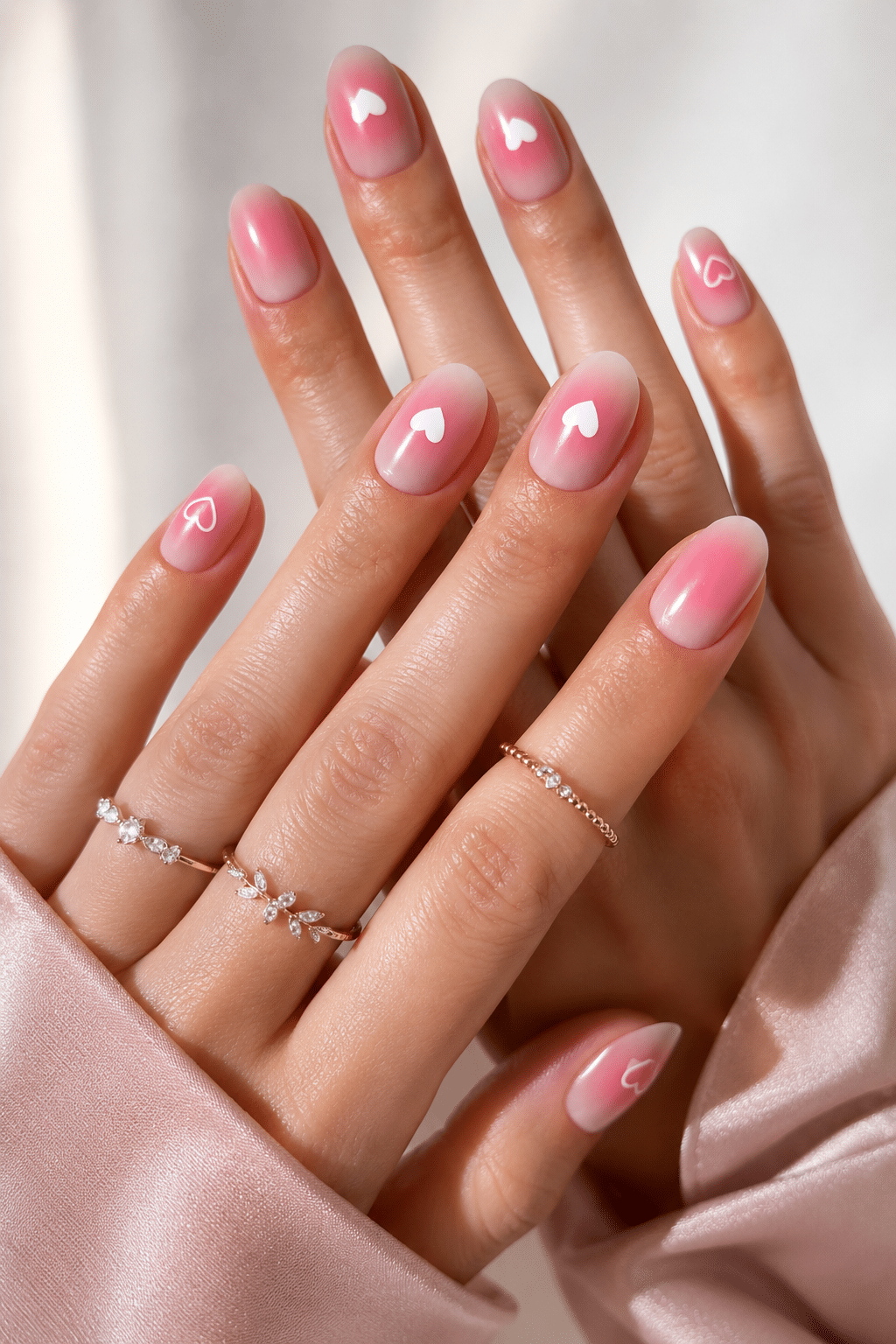 Pink heart oval nails with glossy cute manicure detail