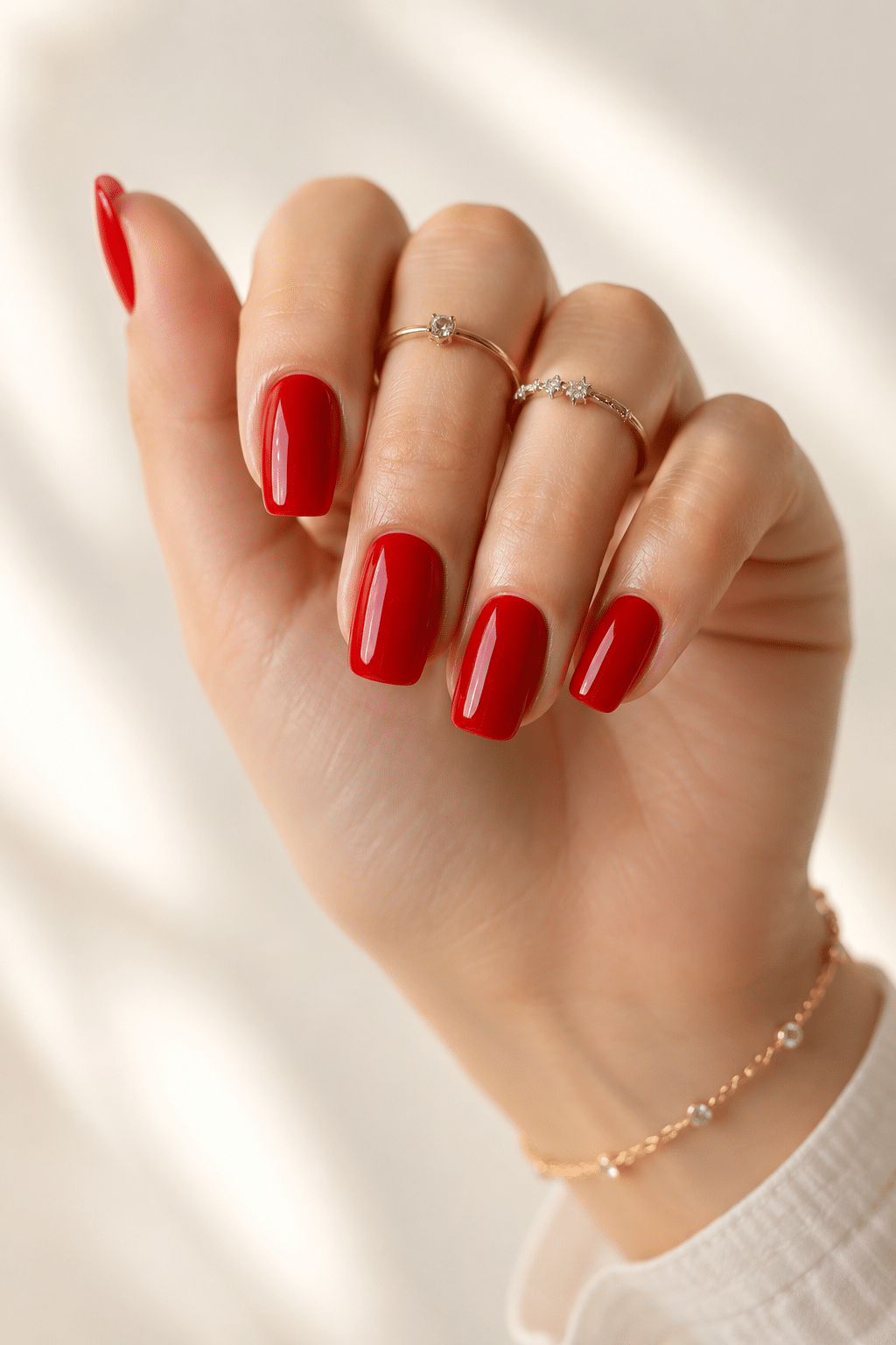 Red short square press on nails with a glossy bold manicure finish