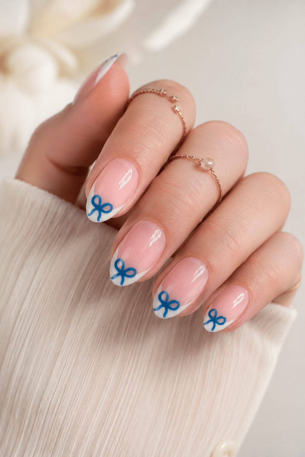 Short baby blue ribbon press on nails with delicate bow details