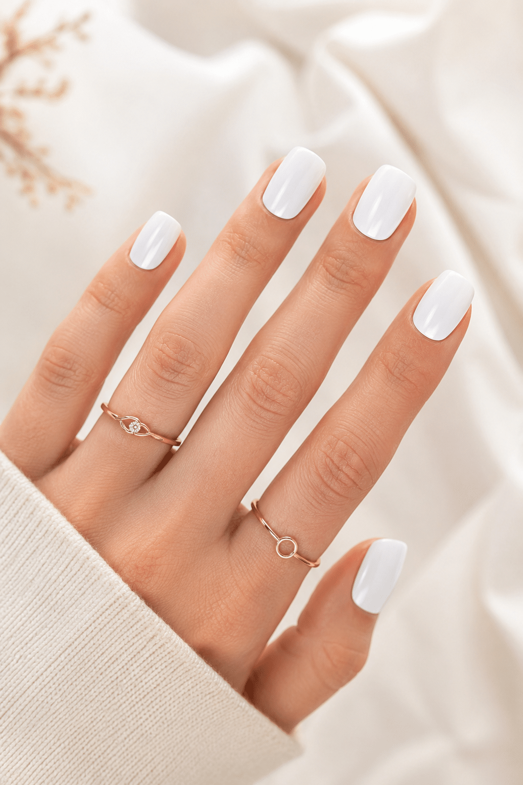 Short white square press on nails with a clean glossy manicure look