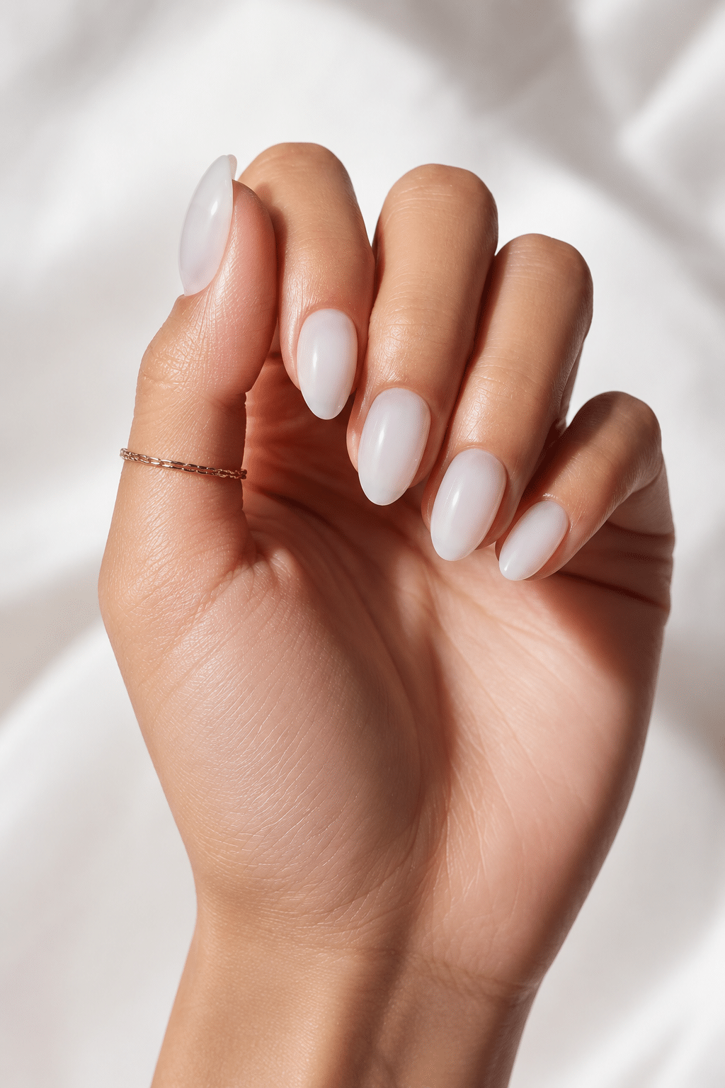 Soft clean girl sheer milk press on nails with a glossy almond finish