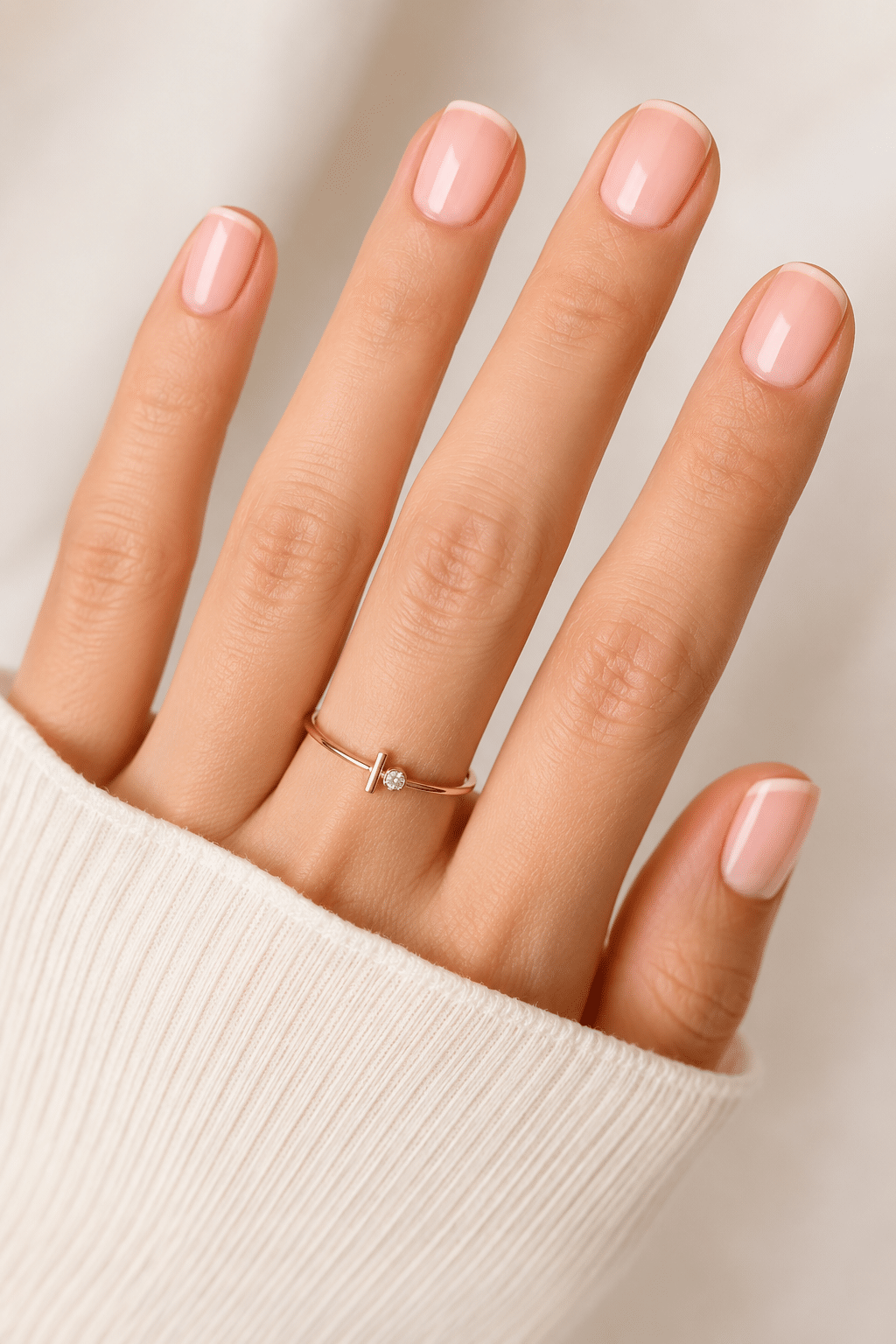 Soft nude super short press on nails with a glossy natural finish