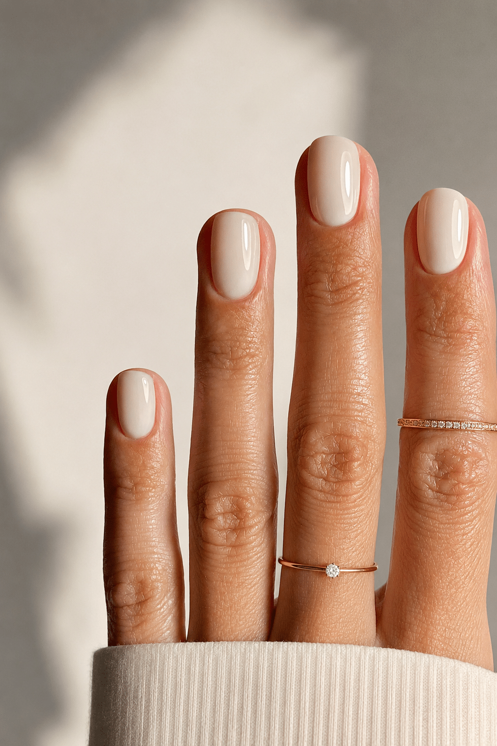 Soft nude wedding press on nails with subtle white bridal finish