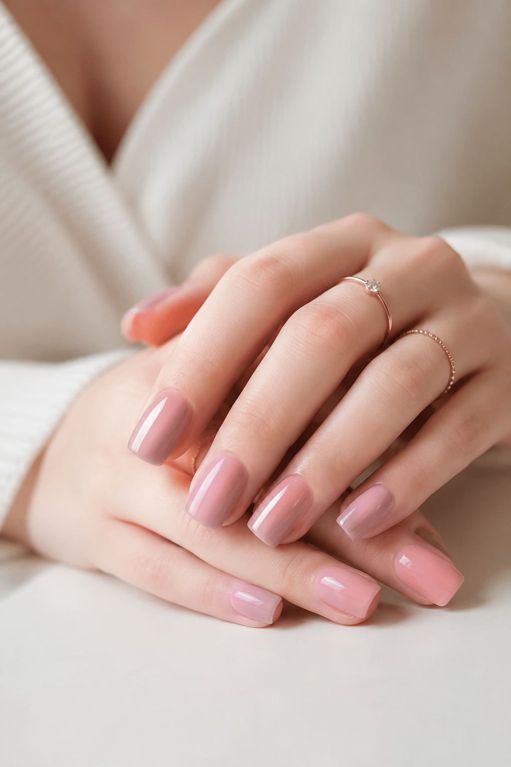 Soft pink glueless stick on nails with glossy natural manicure finish