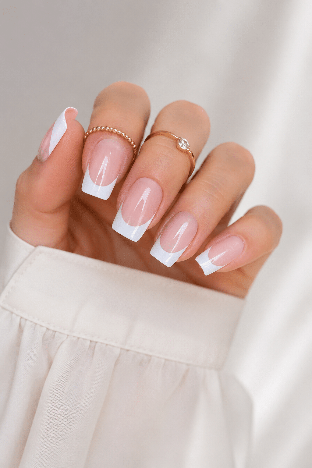 Soft pink square press on nails with a glossy clean manicure finish