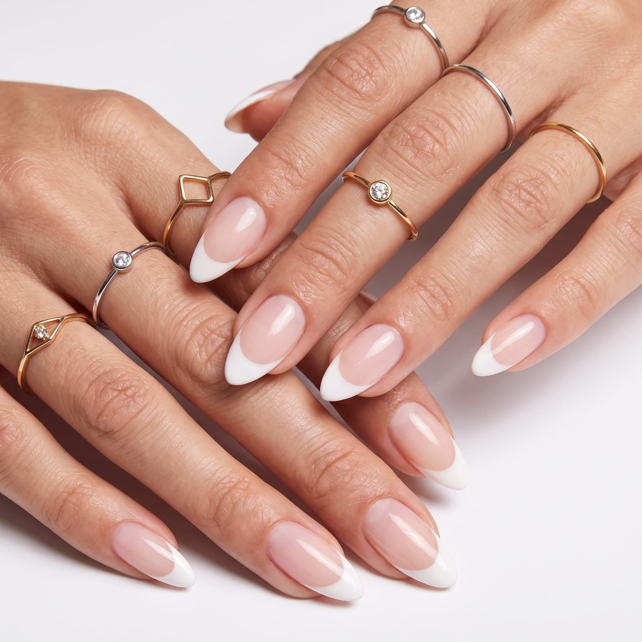 Square white wedding press on nails with clean glossy bridal manicure