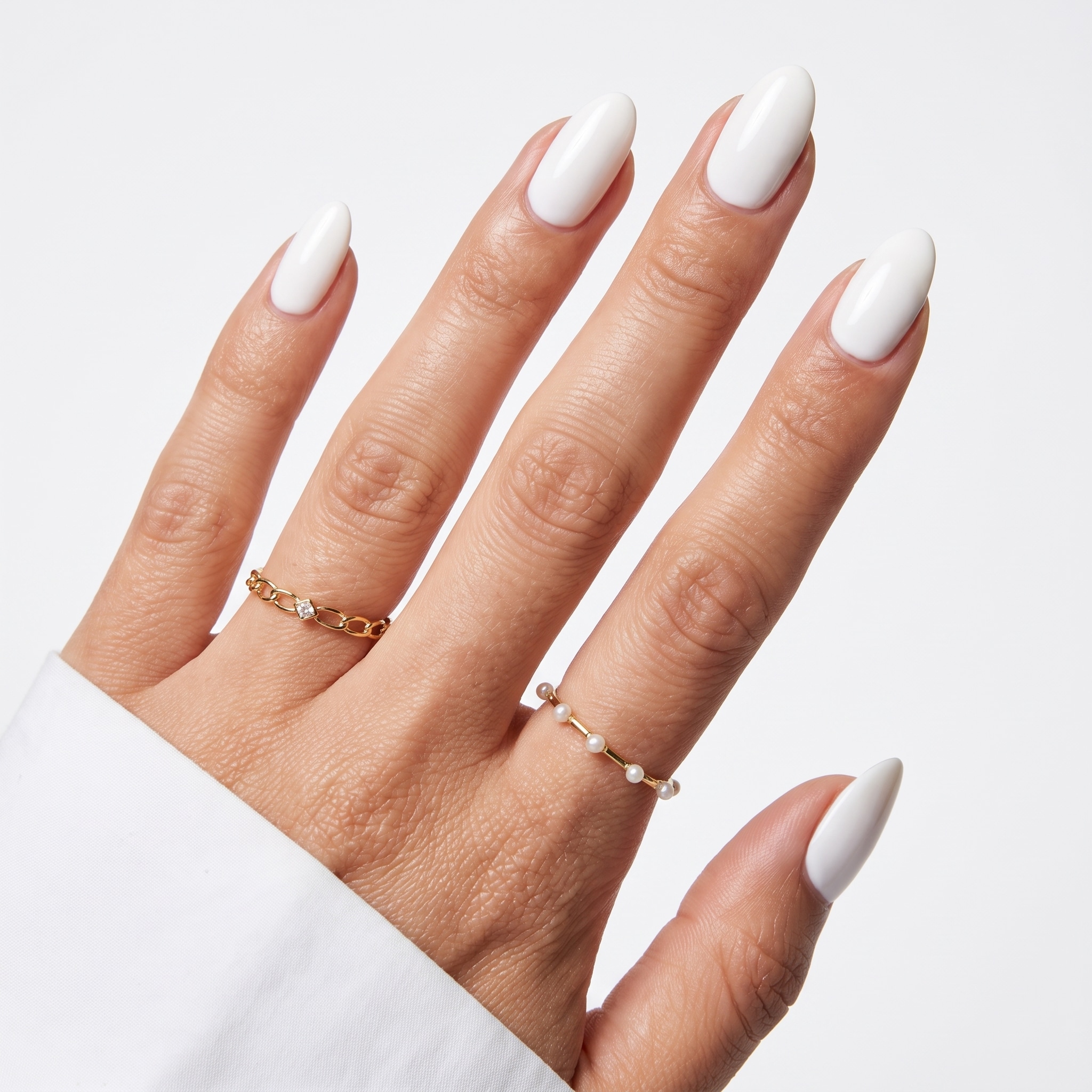 White bottle wedding press on nails with glossy bridal polish inspiration
