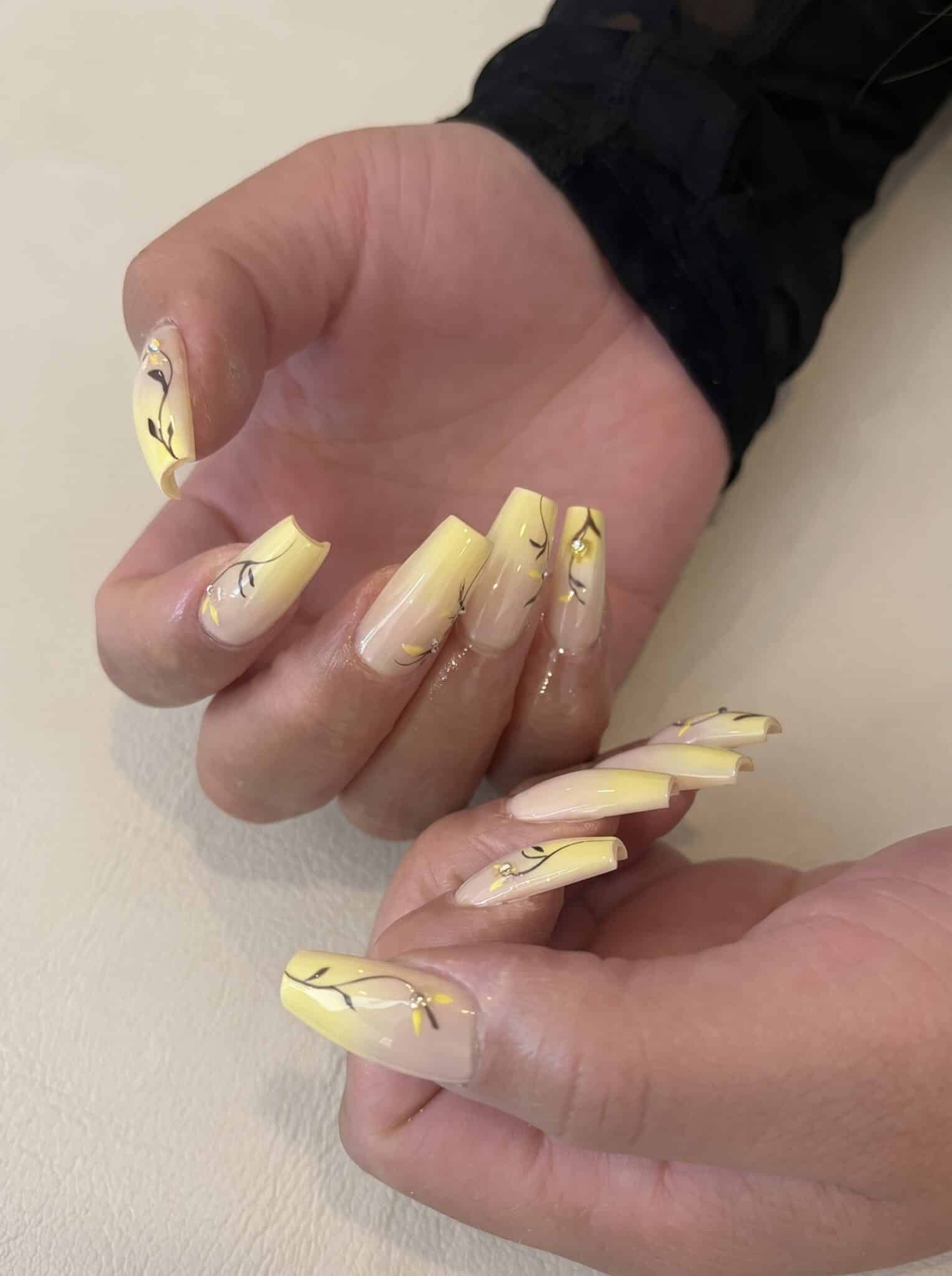 yellow ombre french tip nails with glossy summer almond manicure