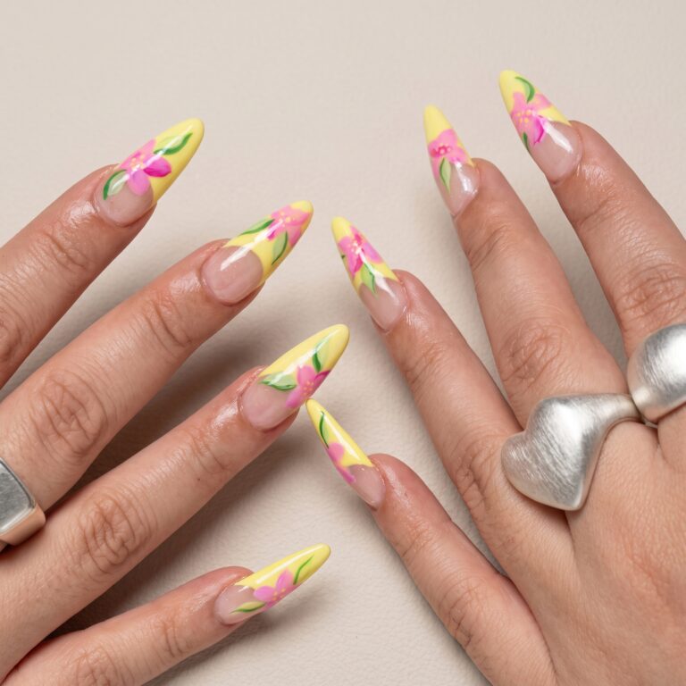 yellow pink summer french nail ideas with bright beachy almond tips