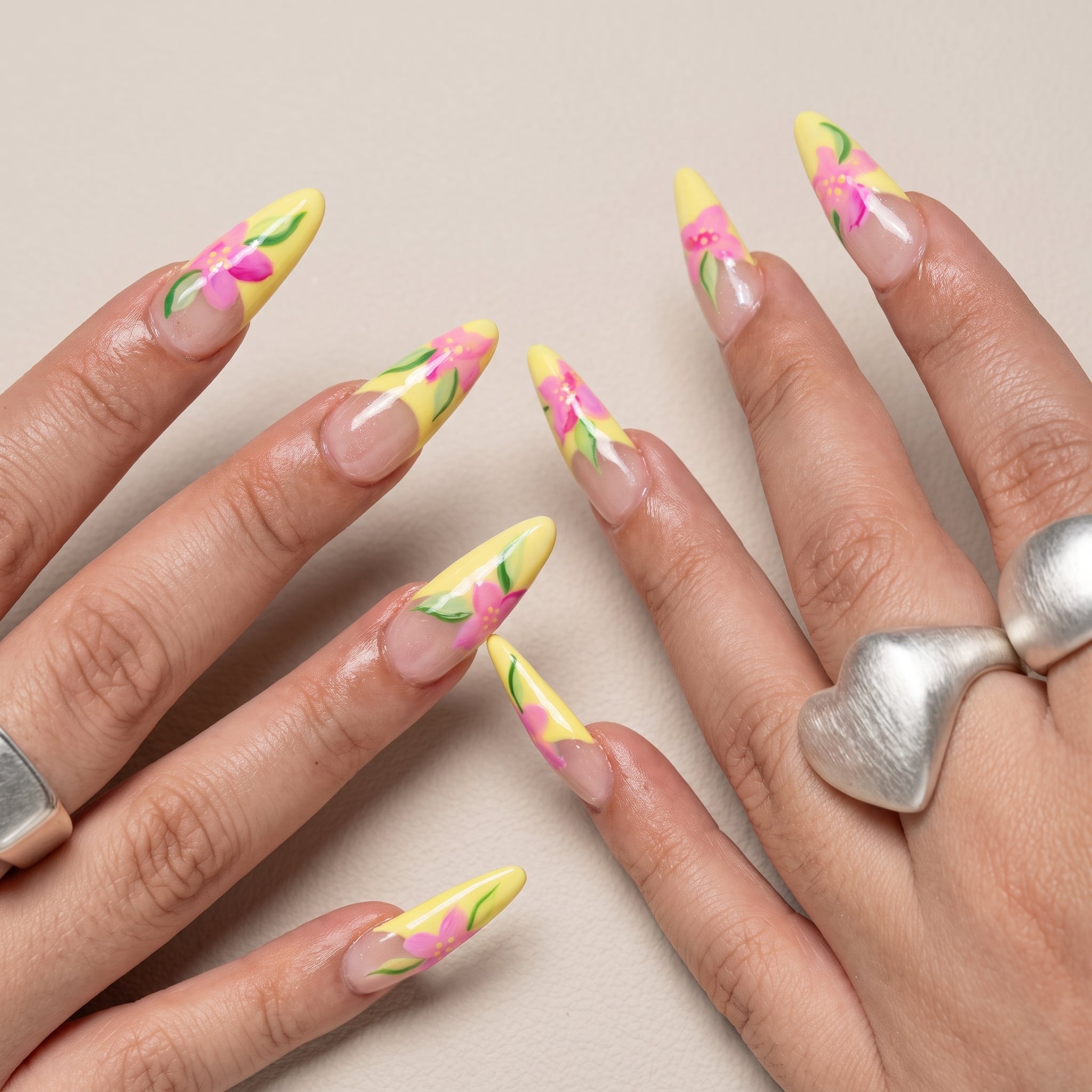 yellow pink summer french nail ideas with bright beachy almond tips