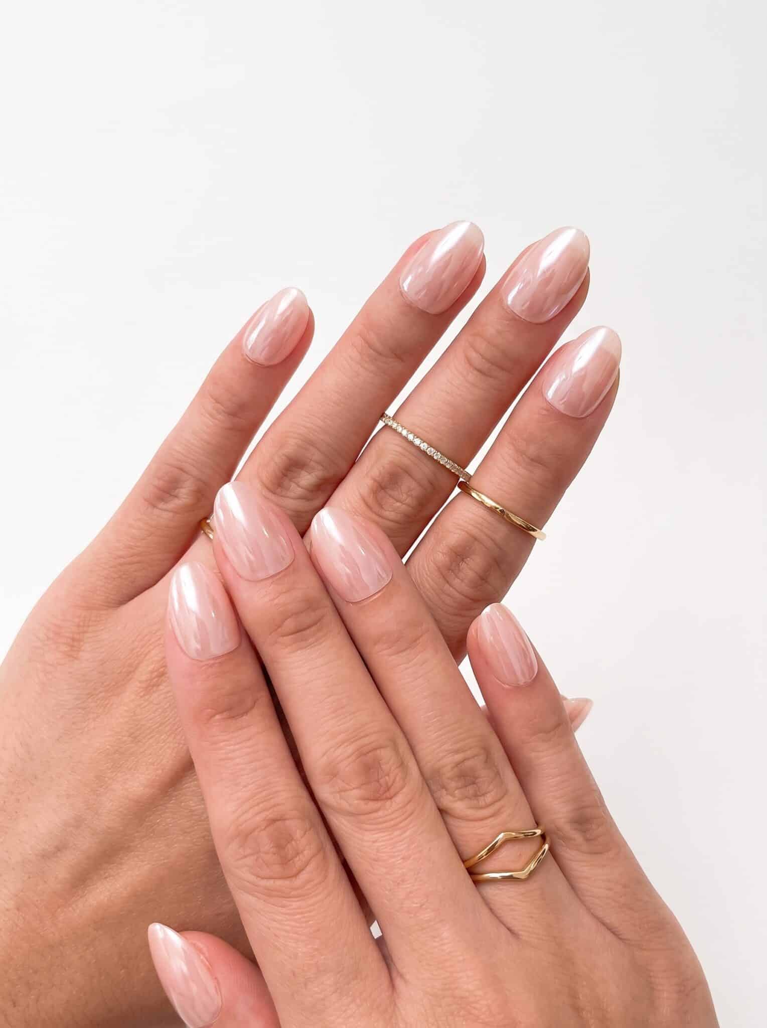 Pearl shimmer nude press-ons with a subtle natural shine