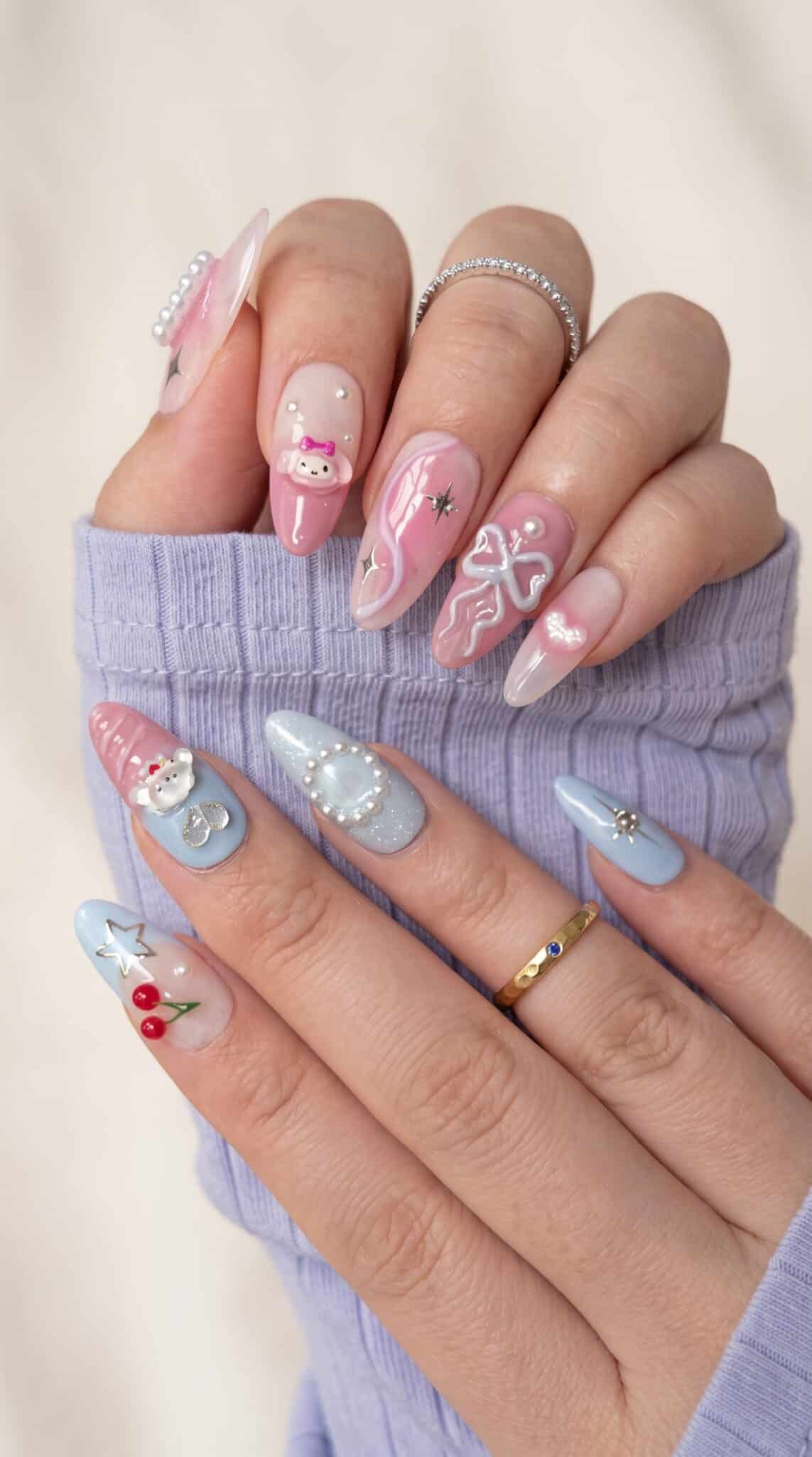 Step-by-step press-on nail prep showing sizing, buffing, glue, and application