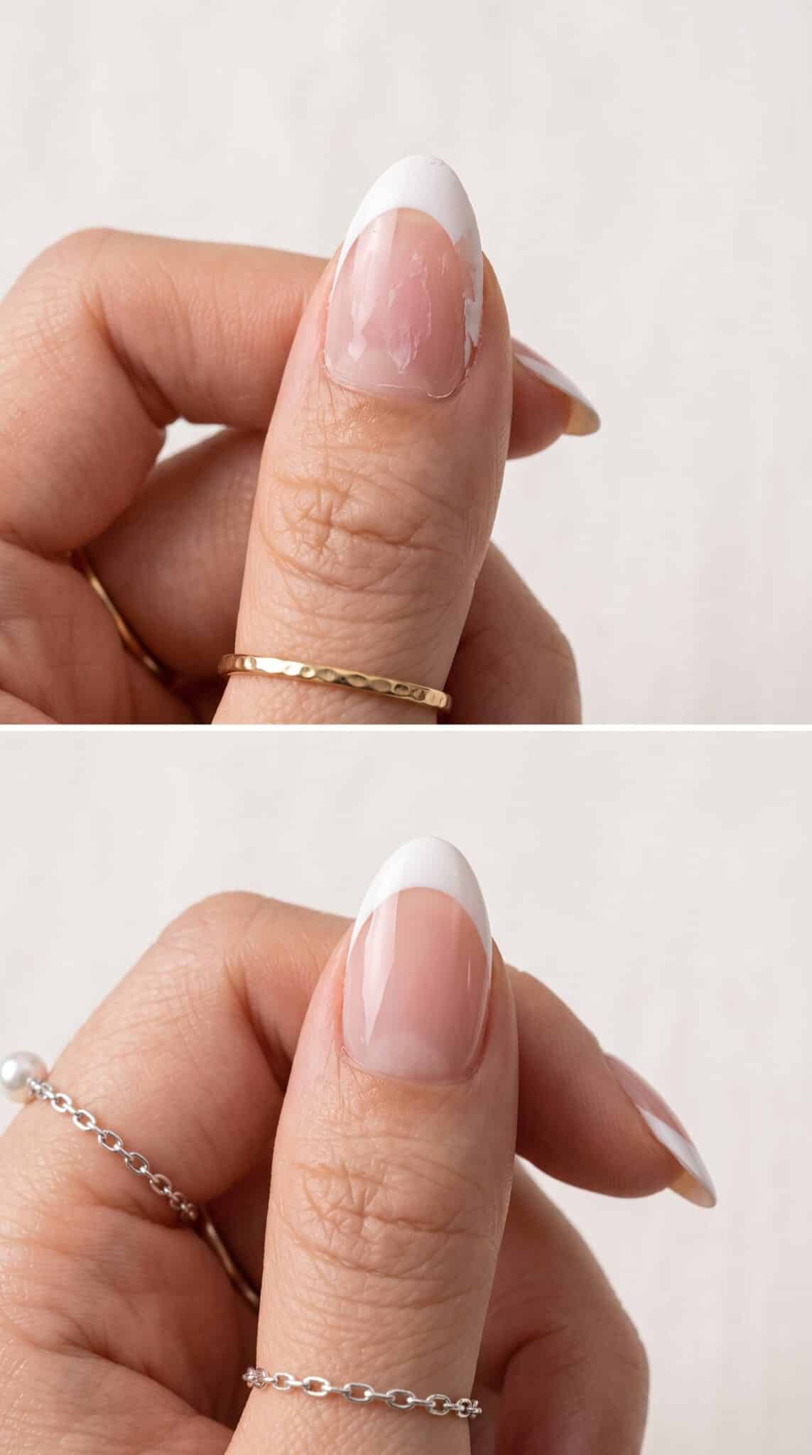 Press-on nails shown with a finished manicure and nail package