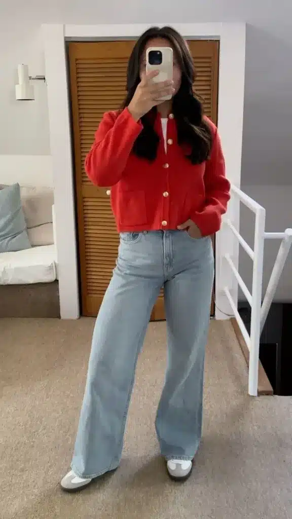 Christmas Party Outfits With Adidas Samba: 15 Looks 4 Red Cardigan, Denim and White Sambas outfit