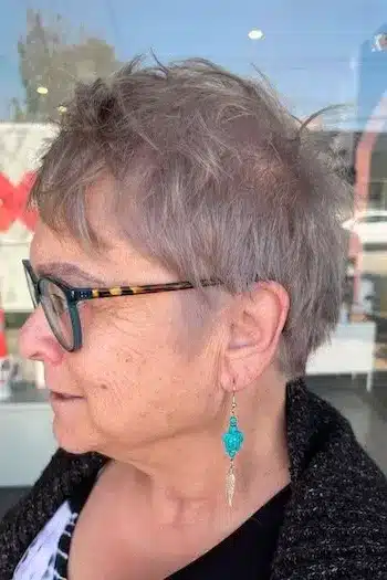 Wispy Gray Pixie With a Choppy Crown haircut for women over 60
