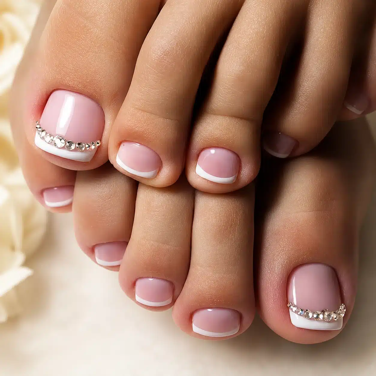 French Pedicure With Rhinestones: 9 Bedazzled Toe Ideas 9 Silver crystal frame French pedicure