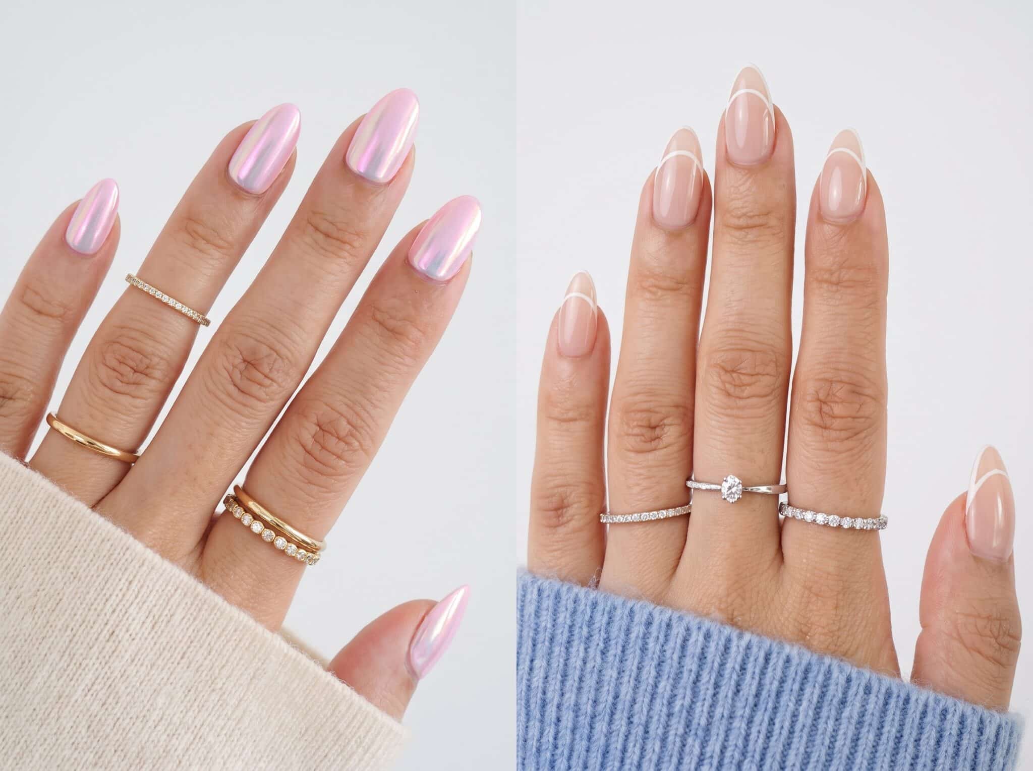 Soft pink almond press-ons with a clean glossy finish