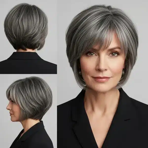 Hairstyles For Women Over 50 With Fine Hair - Short Salt And Pepper Bob With Bangs