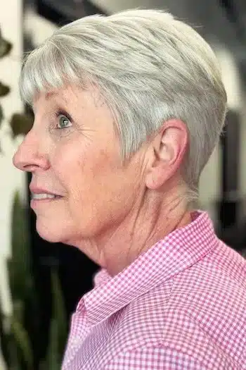 Soft Gray Tapered Pixie With Fringe haircut for women over 60